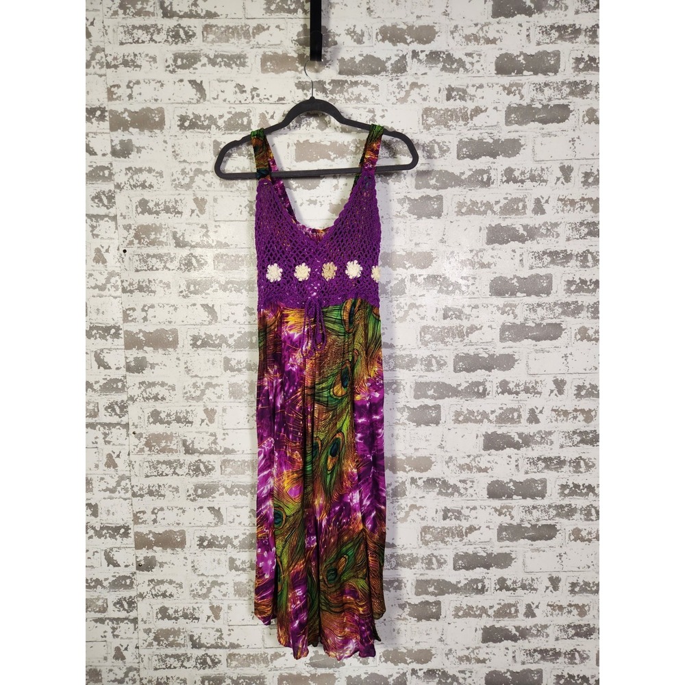 Boho Floral Tank Dress XS Purple Crochet Top Peacock Fairy Festival Resortwear